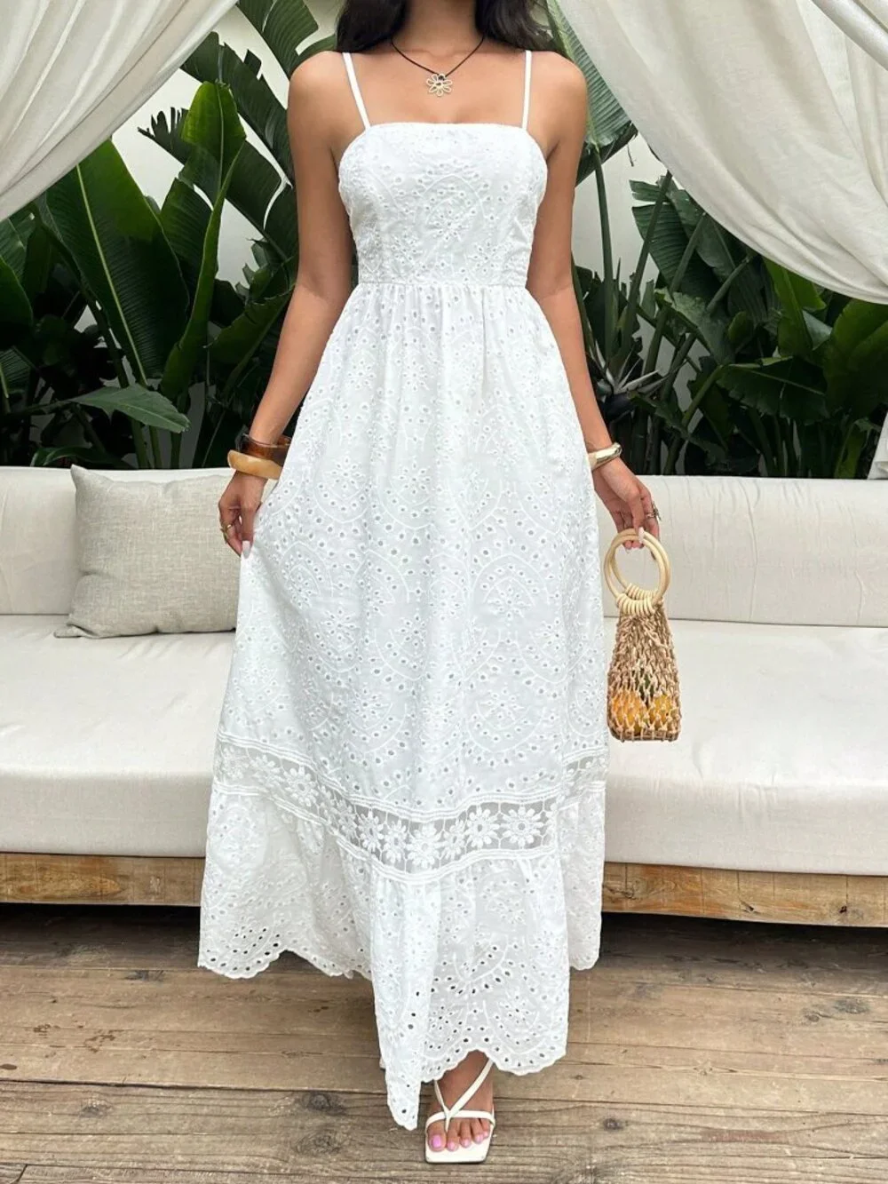 White Boho Women's Slim-Fit Double Shoulder Strap Strapless Dress